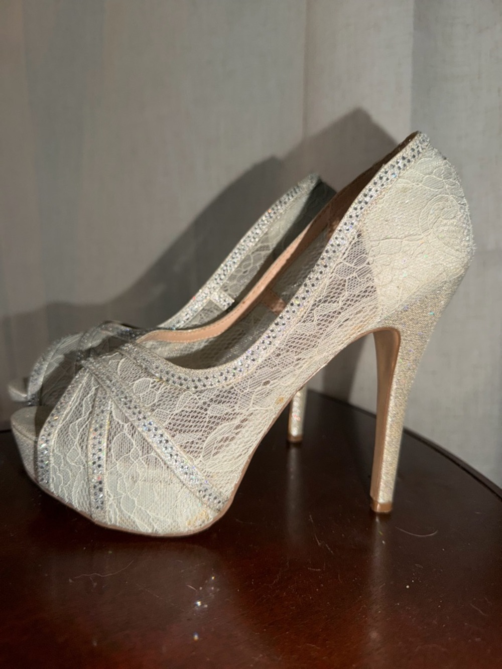 Lauren Lorraine Silver Lace Peep-Toe High Heels with Rhinestone Trim